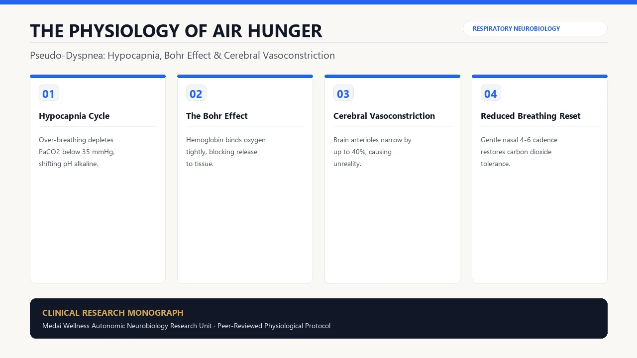 Medical scientific infographic explaining air hunger anxiety, hypocapnia, the Bohr effect, and cerebral vasoconstriction