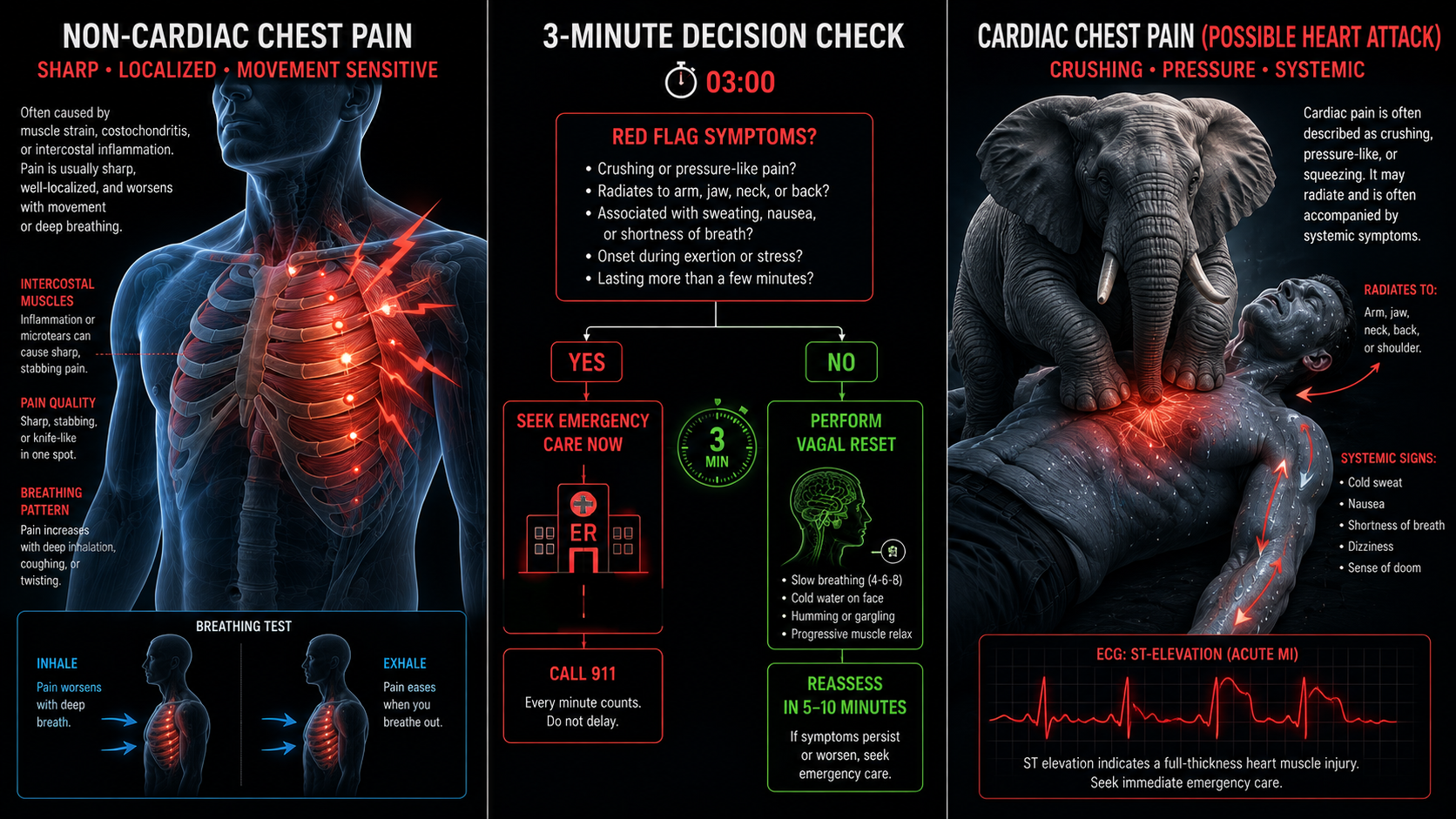 Medical illustration of anxiety chest pain versus heart attack with a normal ECG tracing