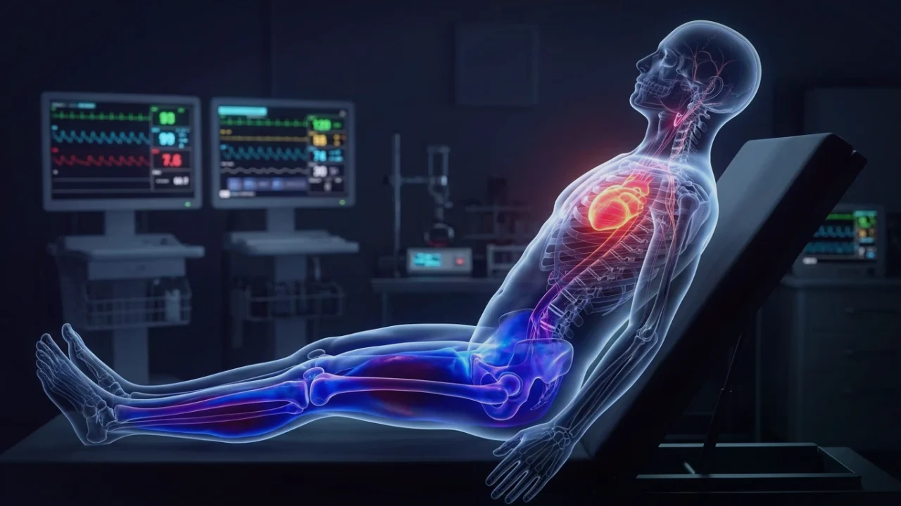 Medical diagram showing venous pooling in the lower extremities and mesenteric splanchnic bed during upright posture in dysautonomia