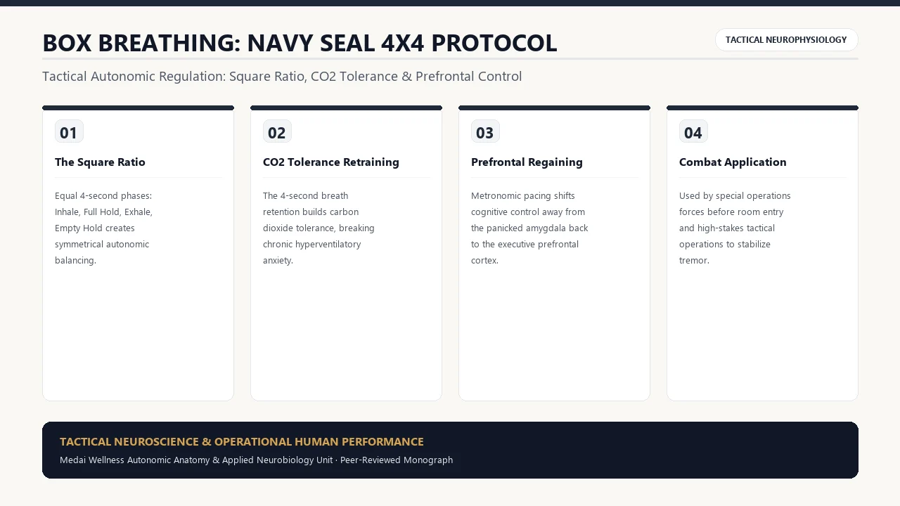 Scientific diagram of Box Breathing (4x4): Navy SEAL Autonomic Calming Science