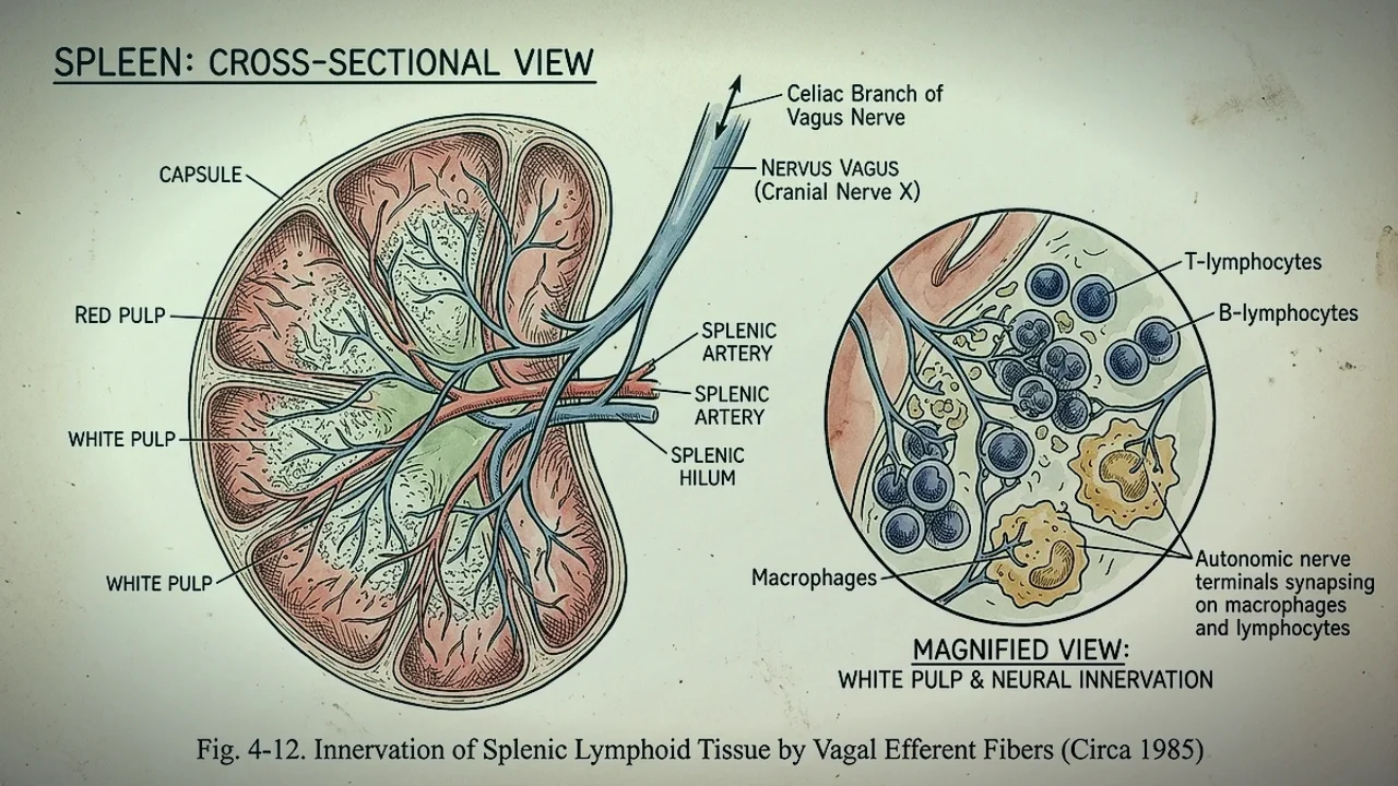 Medical diagram of the Cholinergic Anti-Inflammatory Pathway showing vagus nerve fibers traveling to the celiac ganglion, splenic nerve, and splenic macrophages