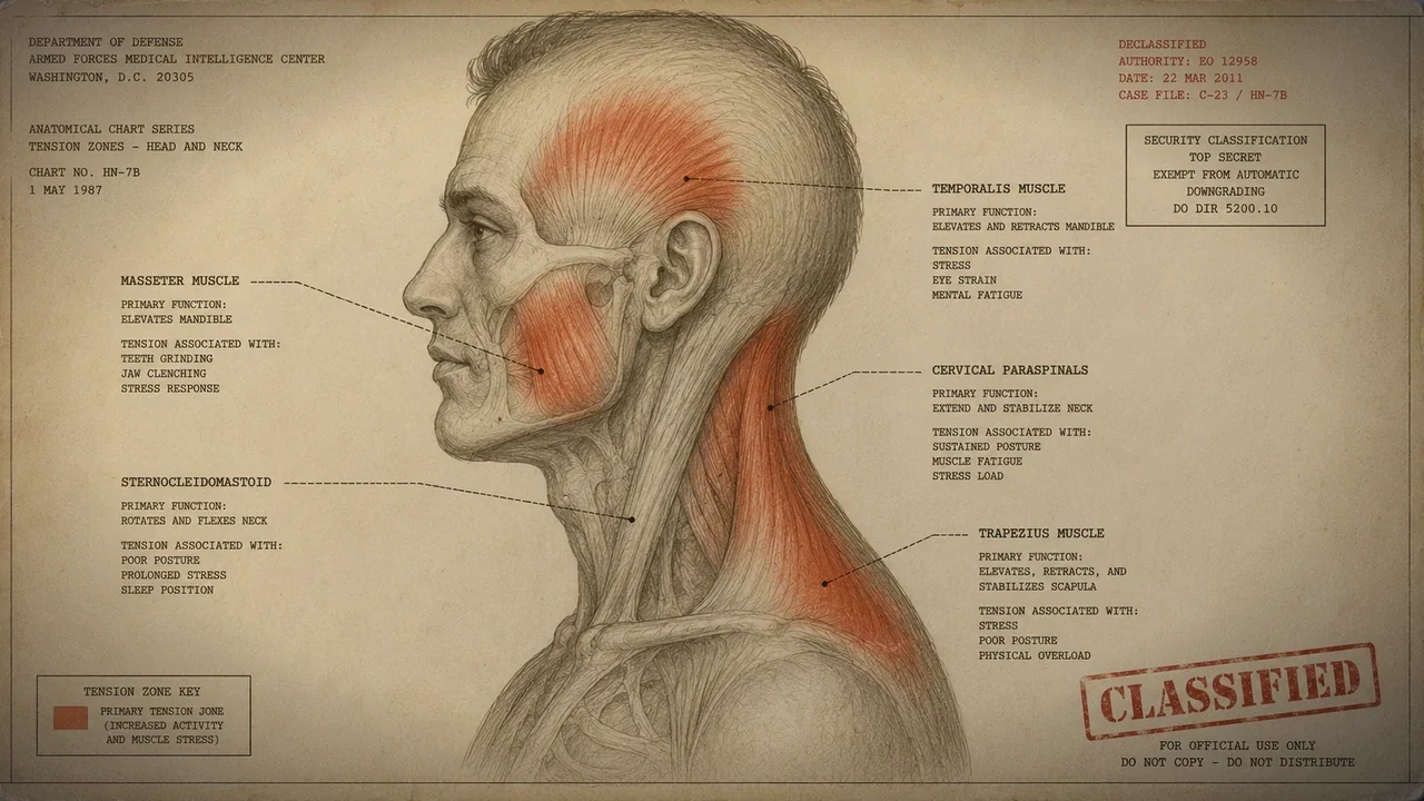 Medical anatomical illustration showing involuntary contraction of the upper trapezius, levator scapulae, and suboccipital muscles during defensive guarding