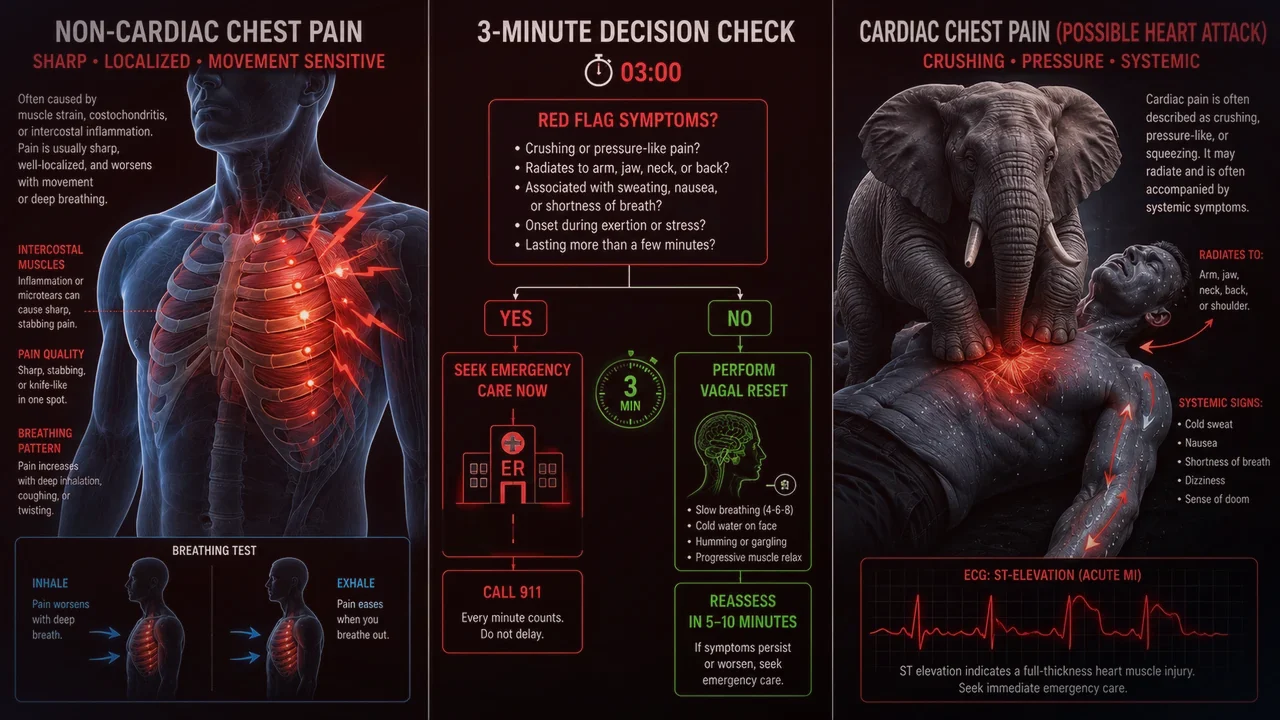 Medical anatomical illustration comparing diaphragmatic muscle spasm and intercostal strain with coronary myocardial ischemia and anginal chest pain referral pathways