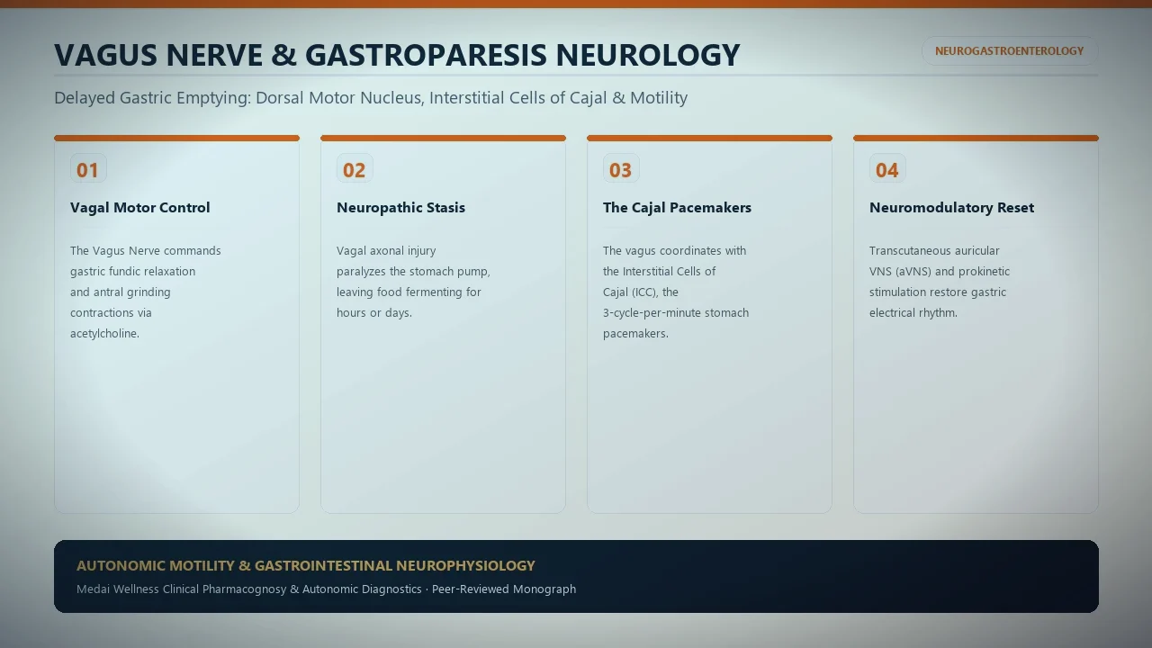Medical neuroscience illustration depicting post-viral enteric myenteric ganglionitis, loss of Interstitial Cells of Cajal, autoimmune autonomic neuropathy, and axonal recovery