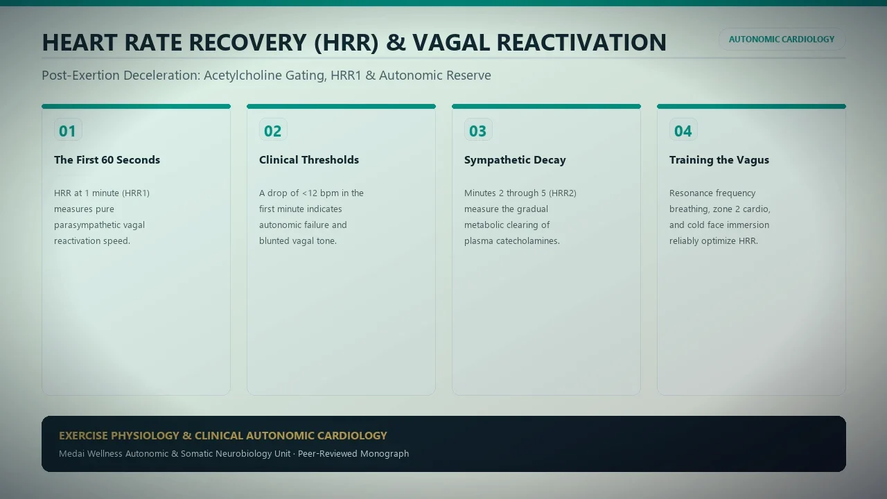 Medical illustration showing cardiac sympathetic overdrive transitioning into parasympathetic heart rate recovery curve with premature ventricular contraction dynamics
