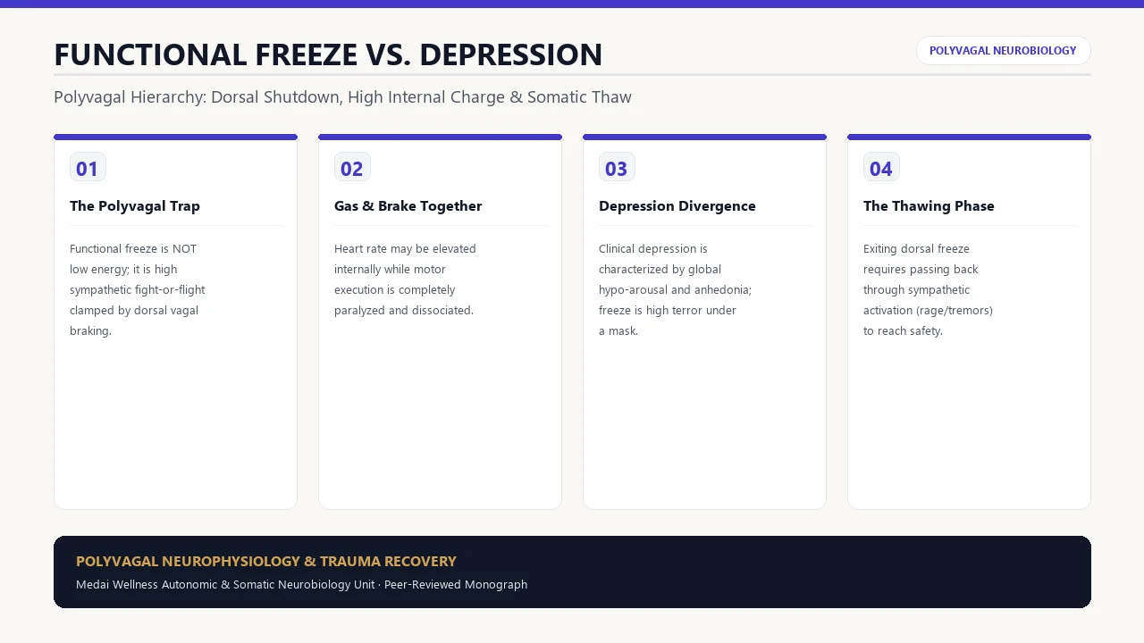 Scientific diagram of Functional Freeze vs Depression: The Polyvagal Dorsal Shutdown State