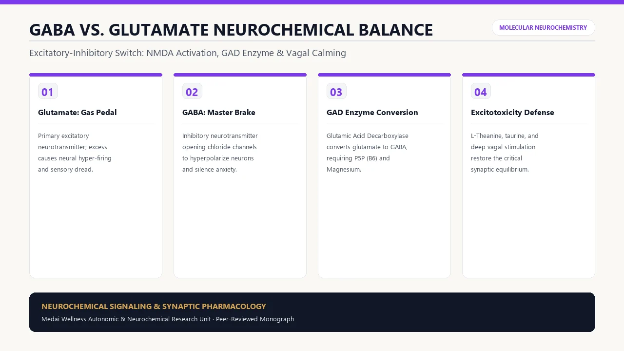 Scientific diagram of GABA vs Glutamate Balance: The Master Neurochemical Switch of Anxiety