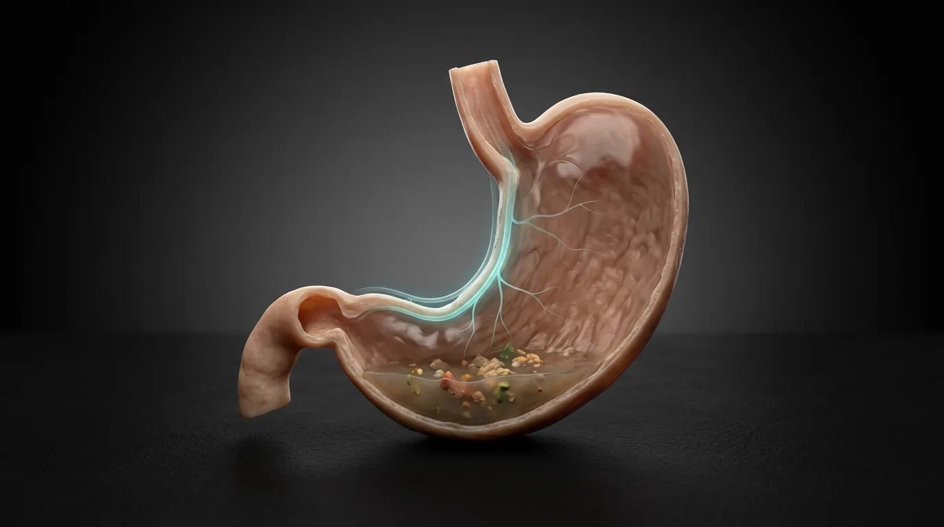 Medical illustration of the stomach and vagus nerve showing idiopathic gastroparesis without diabetes
