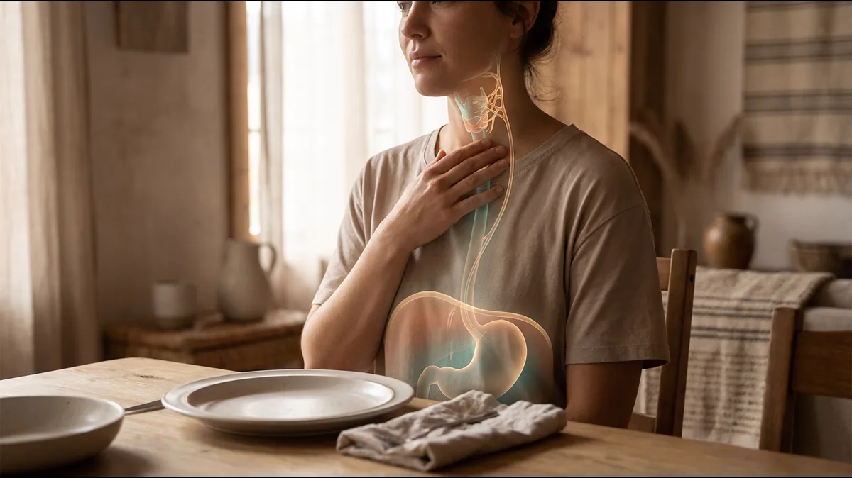 Diagram showing the connection between the stomach, vagus nerve, and throat in postprandial globus sensation