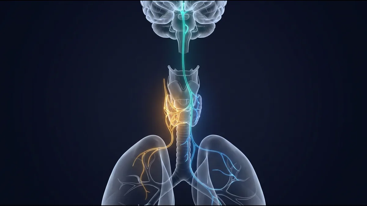 Diagram illustrating the vagus nerve connection between globus sensation in the pharynx and the chronic cough reflex arc