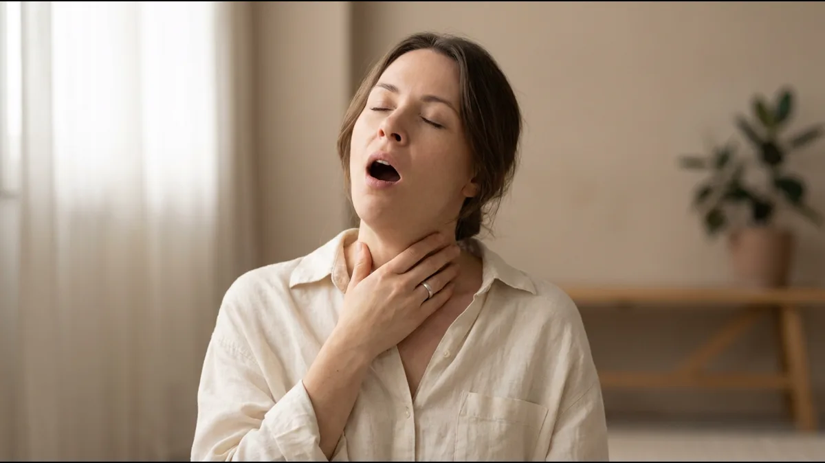 Seven natural home remedies for globus sensation illustrated around a diagram of the throat and vagus nerve