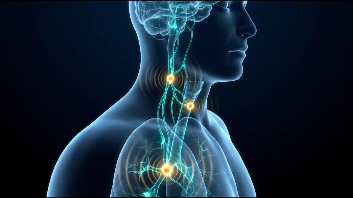 Diagram illustrating the vagus nerve pathway from the brainstem through the pharyngeal plexus and cricopharyngeal muscle, showing how respiratory vagal stimulation resolves globus sensation