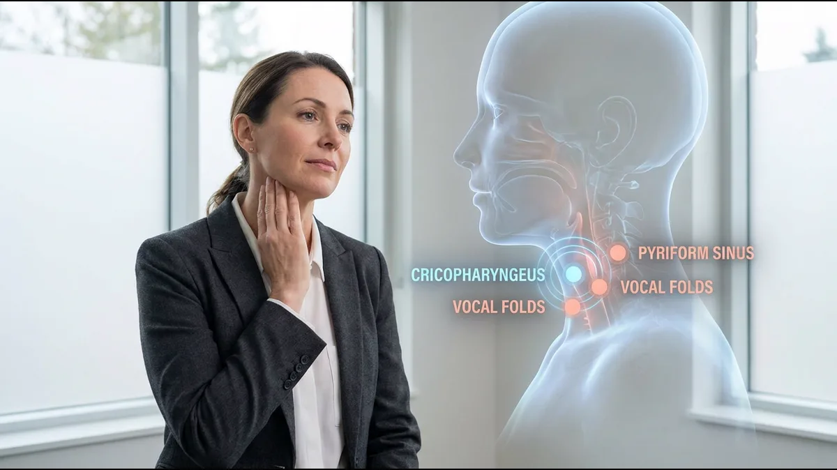 Comparison illustration showing globus sensation versus throat cancer symptoms with anatomical throat diagram