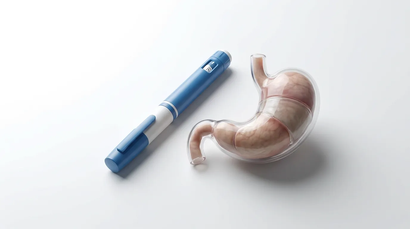 Medical illustration showing how GLP-1 drugs affect vagus nerve signaling and slow gastric emptying