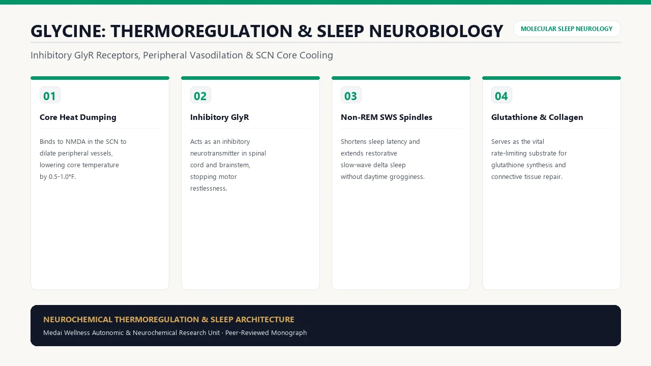 Scientific diagram of Glycine for Sleep & Calming: Thermoregulatory & Inhibitory Mechanisms