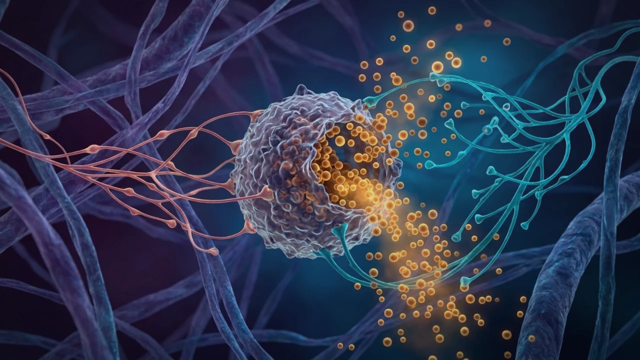 Medical illustration showing mast cell degranulation releasing histamine and inflammatory mediators adjacent to unmyelinated vagal nerve fibers