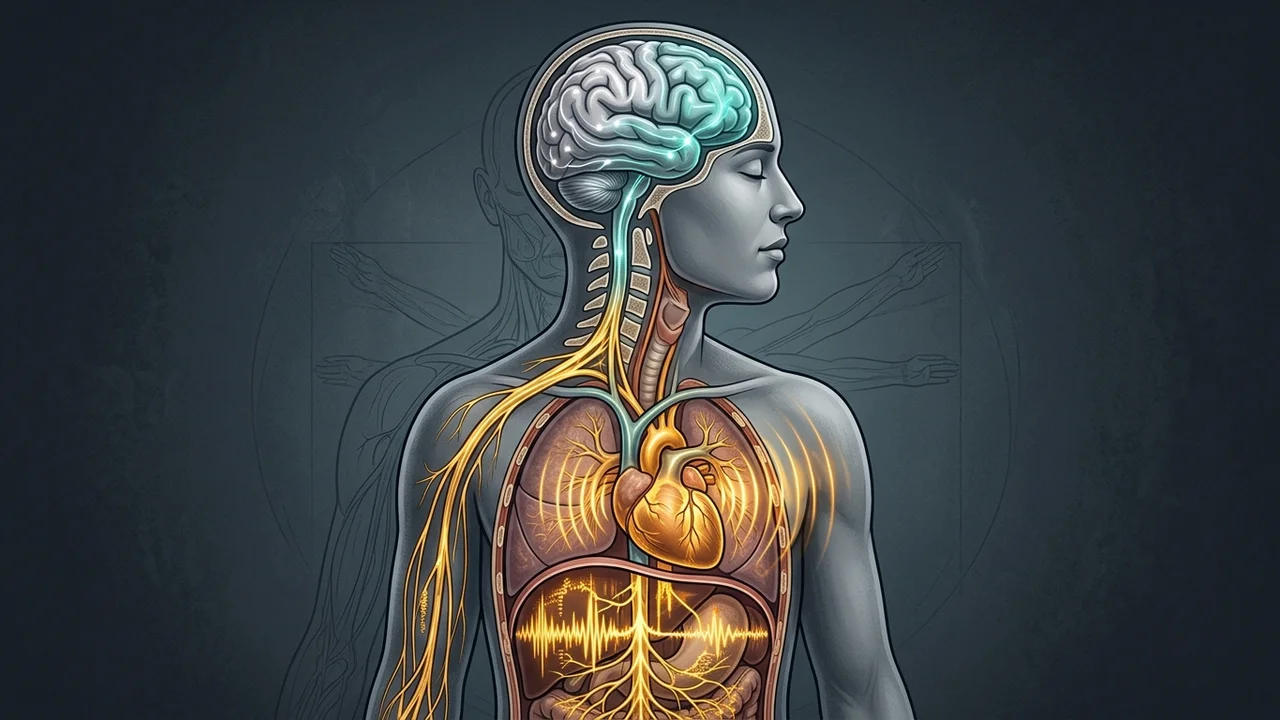 Neurobiology illustration showing a calm prefrontal brain contrasted with hyperactive somatic autonomic signals in the chest and visceral nervous system