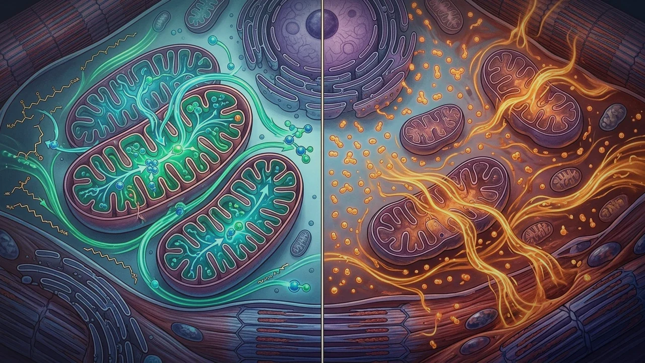 Neuronal mitochondrion illustrating respiratory chain complexes I-IV, ATP synthase proton gradient, and inner membrane reactive oxygen species (ROS) leakage.