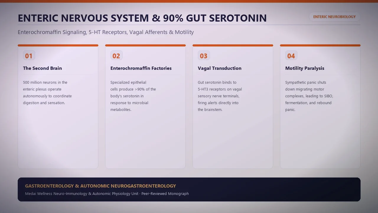 Medical neuroscience diagram illustrating the Enteric Nervous System second brain with enteric glial cells, serotonin enterochromaffin cells, and bidirectional vagal somatosensory circuits