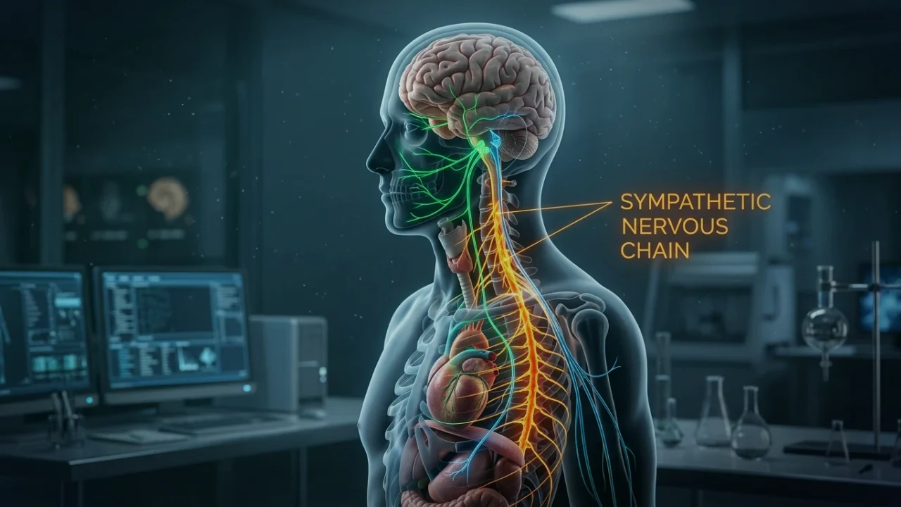 Medical illustration depicting faulty neuroception: subconscious threat circuits in the central amygdala overriding environmental safety cues