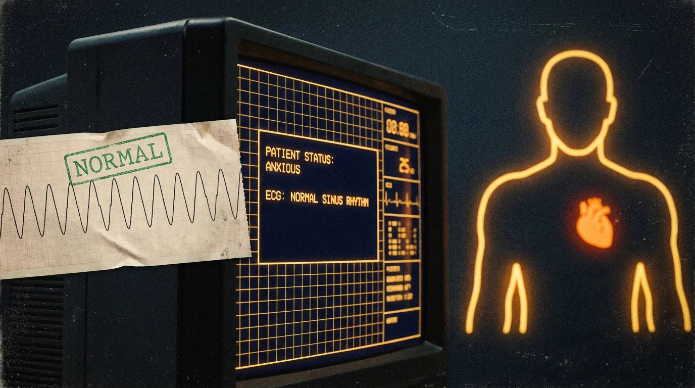 Normal ECG tracing next to a racing heart at night illustrating cardiac anxiety despite clean heart tests