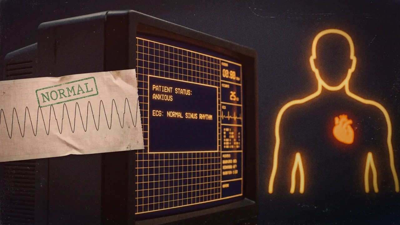 Medical electrocardiogram ECG illustration showing premature ventricular contraction PVC followed by a compensatory pause during adrenergic anxiety surge