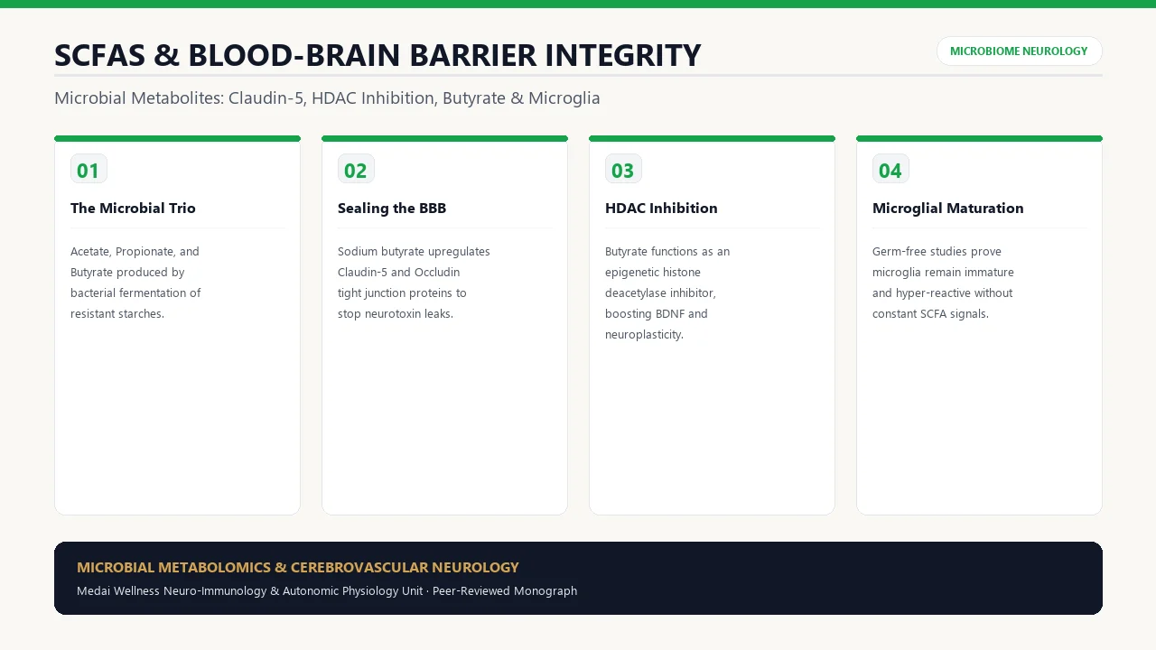 Scientific diagram of Short-Chain Fatty Acids (SCFAs) & Blood-Brain Barrier in Anxiety