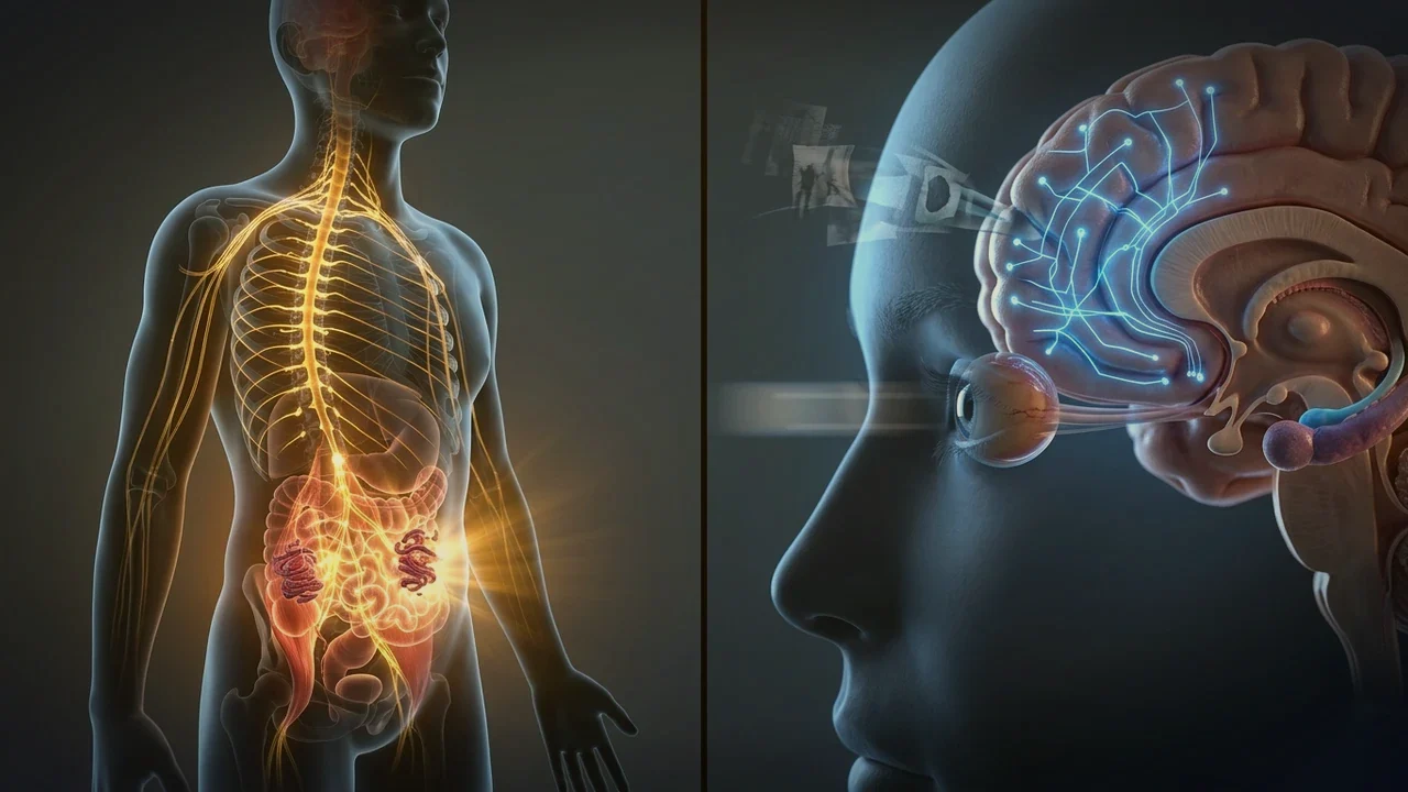 Medical neuroscience illustration showing acoustic startle reflex circuitry in the caudal pontine reticular nucleus and brainstem vagal gating failure