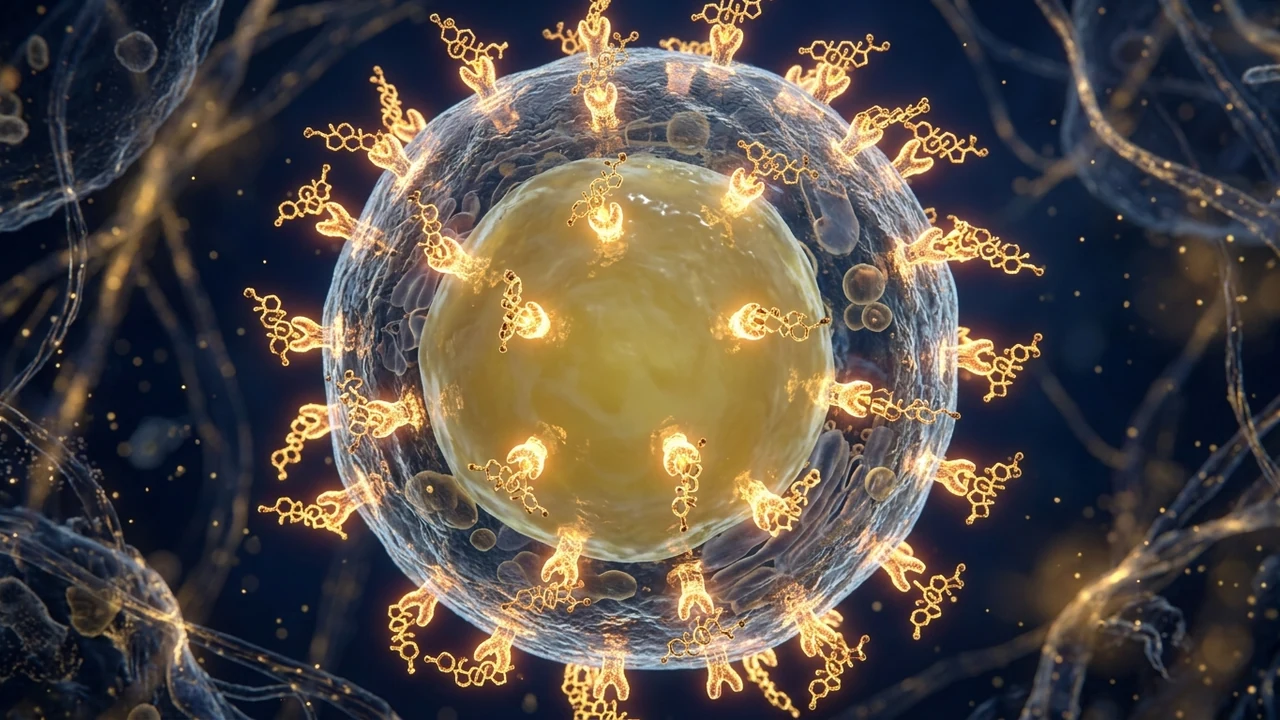 3D cellular model of visceral adipocyte with high density of glucocorticoid receptors binding cortisol molecules