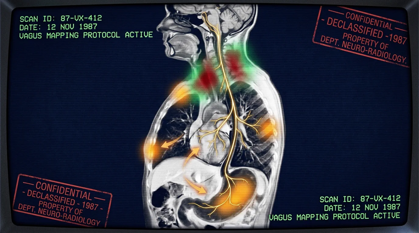 Anatomical diagram of the chest showing how the vagus nerve carries pain signals from the esophagus, stomach, and chest wall