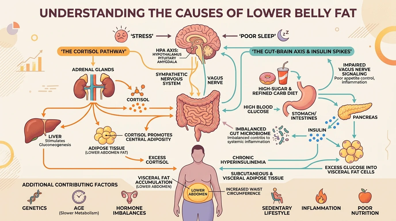 Lower belly fat explained - the role of cortisol, stress, genetics and posture in a stubborn lower abdomen